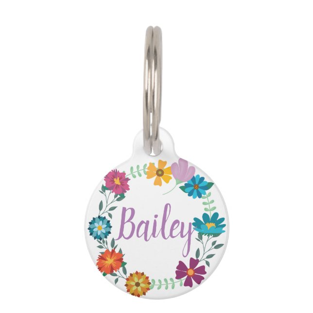 Placa Para Mascotas Bonito Colorida flor Wreath Personalizada (Anverso)