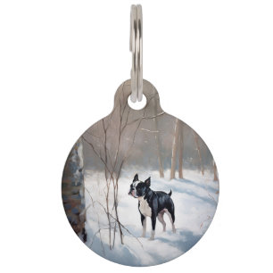 Placa Para Mascotas Boston Terrier Deja que nieve Navidad