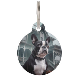 Placa Para Mascotas Boston Terrier Halloween Aterrador