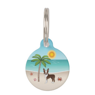 Placa Para Mascotas Boston Terrier Marrón en una Playa Tropical de Ver