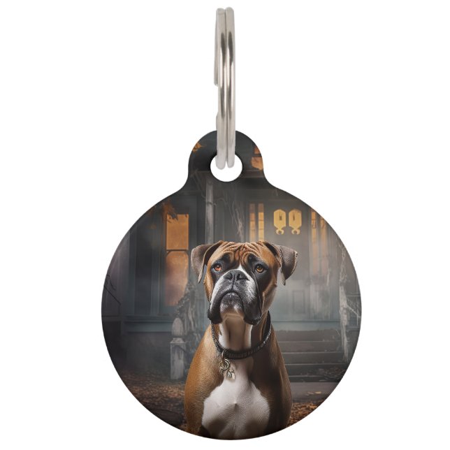 Placa Para Mascotas Boxeador de Halloween Espeluznante (Anverso)