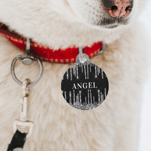 Placa Para Mascotas Brillos de plata negra gotean nombre de monograma