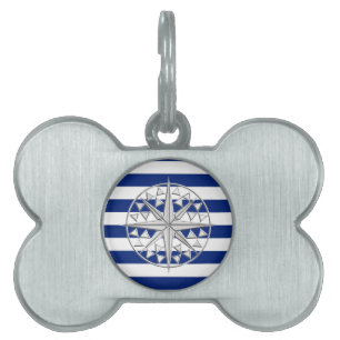 Placa Para Mascotas Brújula plateada en franjas náuticas