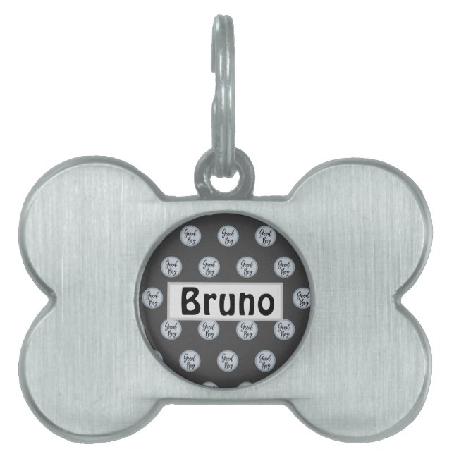Placa Para Mascotas Buen chico arte de texto de perro lunares gris mod (Frente)