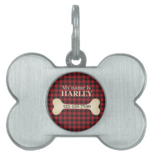 Placa Para Mascotas Búfalo rojo y negro con hueso de perro
