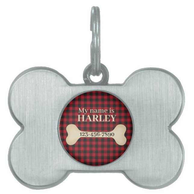 Placa Para Mascotas Búfalo rojo y negro con hueso de perro (Frente)