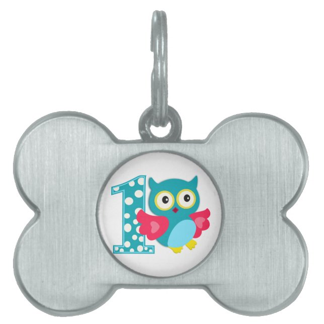 Placa Para Mascotas Búho feliz primer cumpleaños (Frente)