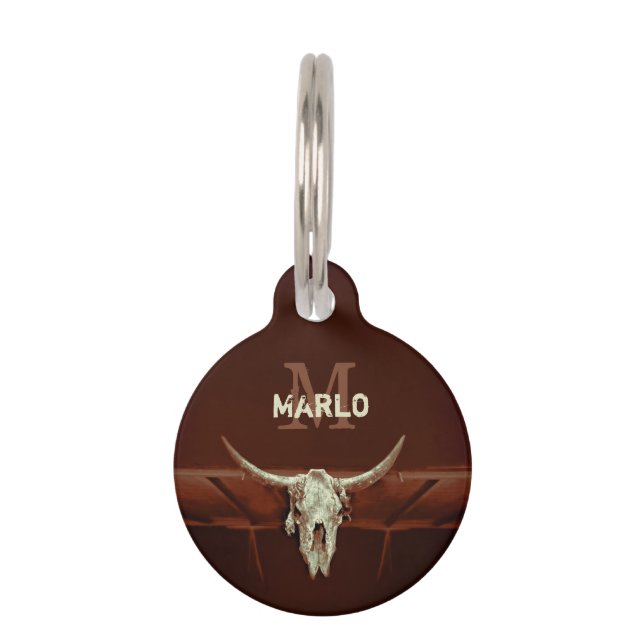 Placa Para Mascotas Bull Skull Brown Country Rústico Monograma Occiden (Anverso)