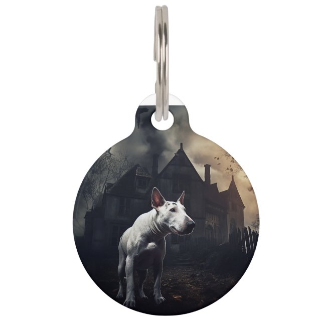 Placa Para Mascotas Bull Terrier Halloween Aterrador (Anverso)