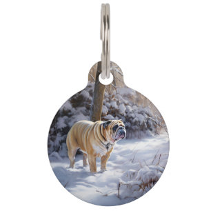 Placa Para Mascotas Bulldog Deja que nieve Navidad Cepillado