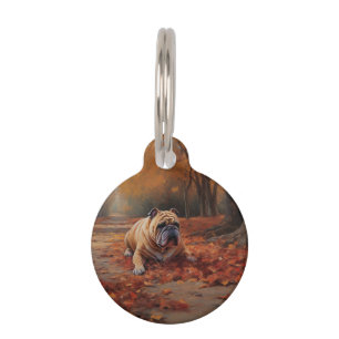 Placa Para Mascotas Bulldog en otoño hojas caídas inspiran