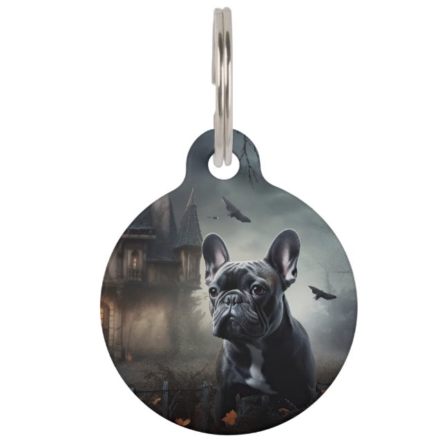Placa Para Mascotas Bulldog Francés de Halloween Espantoso (Anverso)