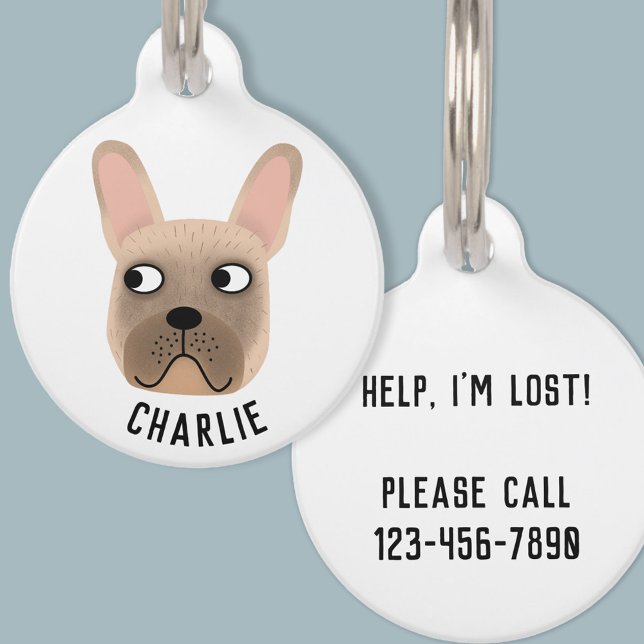 Placa Para Mascotas Bulldog francés Fawn (French Bulldog personalized name and details dog tag)