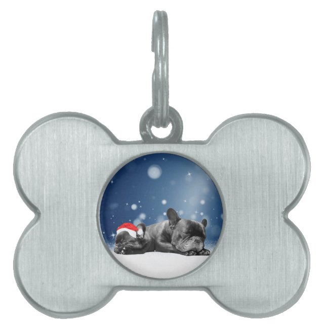 Placa Para Mascotas Bulldog francés navidades Cachorros nieve sombrero (Frente)