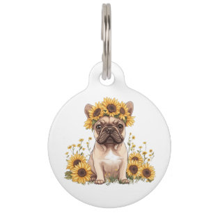 Placa Para Mascotas Bulldog Francés Rodeado de Girasoles