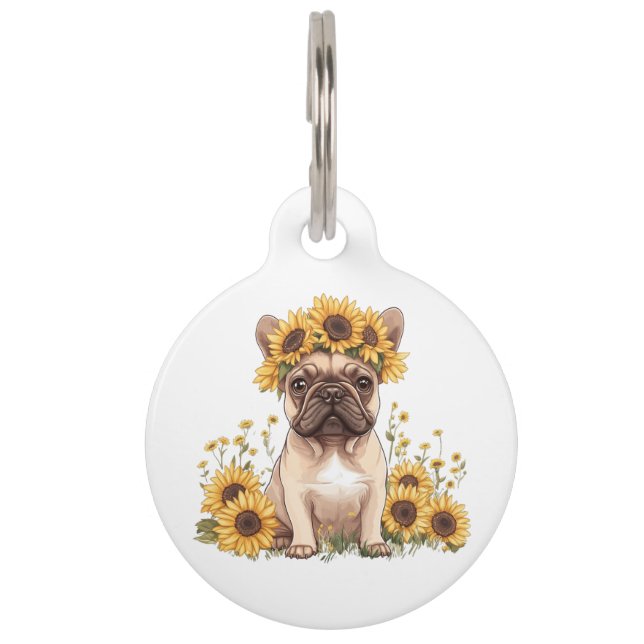 Placa Para Mascotas Bulldog Francés Rodeado de Girasoles (Anverso)