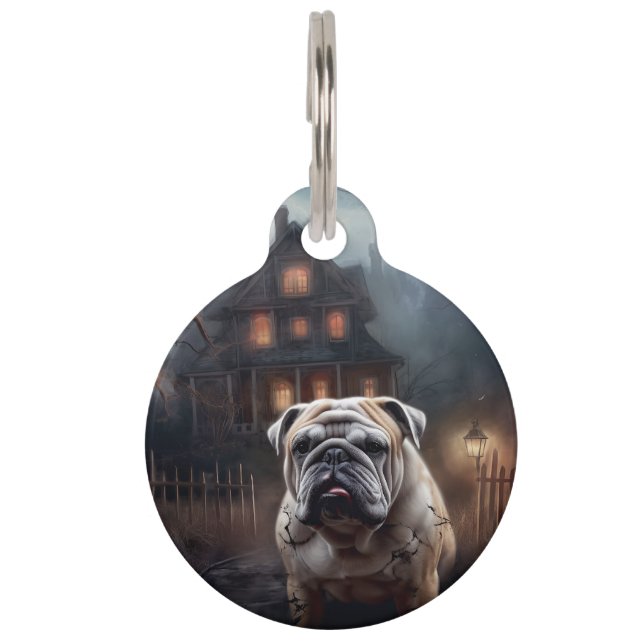 Placa Para Mascotas Bulldog Halloween Scary (Anverso)