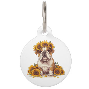 Placa Para Mascotas Bulldog Inglés Corona de Girasoles