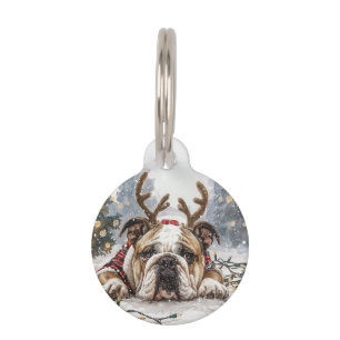 Placa Para Mascotas Bulldog Inglés de Navidad Reno