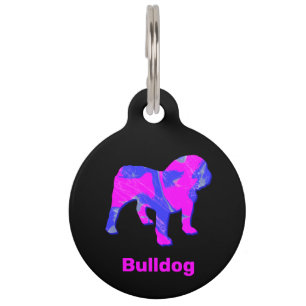Placa Para Mascotas Bulldog inglés loco Hot Pink and Blue