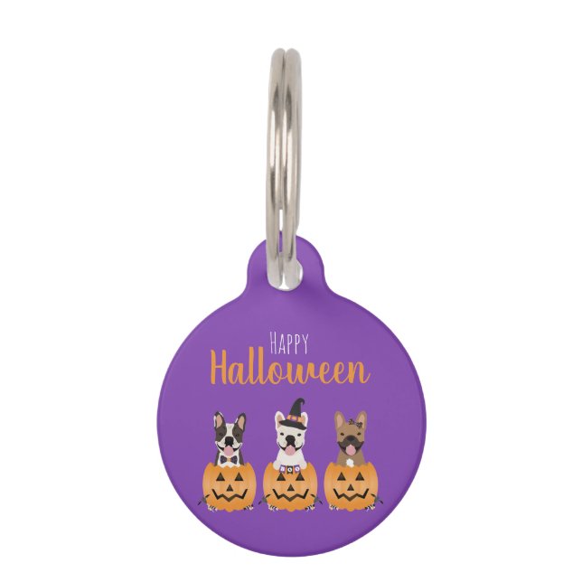 Placa Para Mascotas Bulldogs Franceses Feliz Halloween (Anverso)