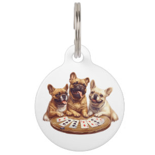 Placa Para Mascotas Bulldogs franceses lindos jugando cartas