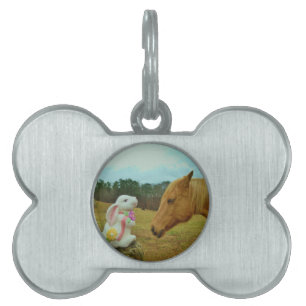 Placa Para Mascotas Caballo amarillo rubio y conejo de Pascua