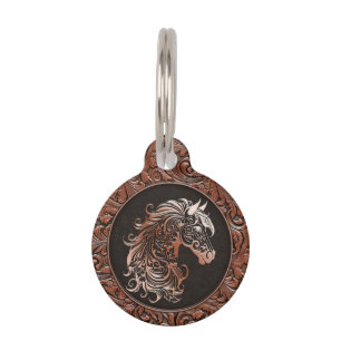 Placa Para Mascotas Caballo de caballo marrón de cuero labrado