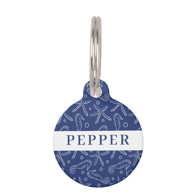 Placa Para Mascotas Caballo de mar náutico y pez estrella (Anverso)