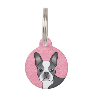 Placa Para Mascotas Cabeza de Boston Terrier Azul y Blanco sobre Coraz