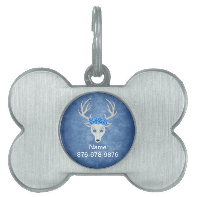 Placa Para Mascotas Cabeza de Ciervo Blanco Mitológico con Cuernos de  (Frente)