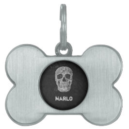 Placa Para Mascotas Cabeza De Cráneo Grunge Gótico Negro Y Blanco