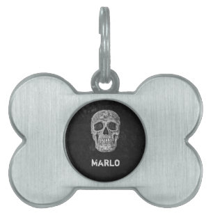 Placa Para Mascotas Cabeza De Cráneo Grunge Gótico Negro Y Blanco
