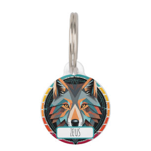 Placa Para Mascotas Cabeza de Lobo Geométrico con Colores Retro