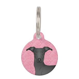 Placa Para Mascotas Cabeza de perro italiano gris negro Corazones rosa
