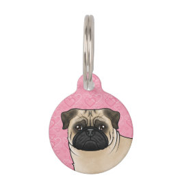 Placa Para Mascotas Cabeza de perro Pug cervato cerca de corazones de 