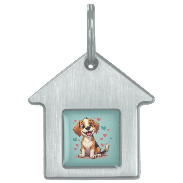 Placa Para Mascotas Cachorro Beagle Kawaii Adorable con Corazones Perr (Frente)