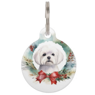 Placa Para Mascotas Cachorro festivo de corona de Navidad maltesa