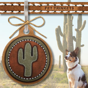 Placa Para Mascotas Cactus de cuero marrón verde occidental