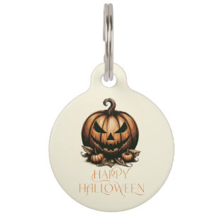 Placa Para Mascotas Calabaza de Halloween feliz