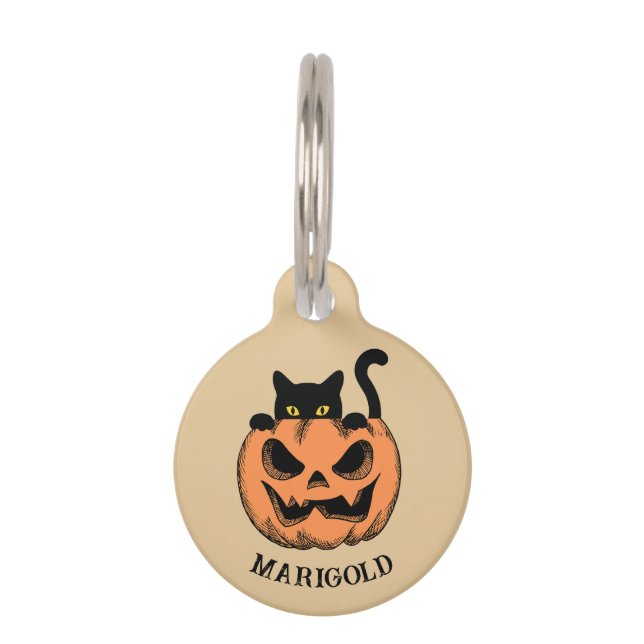 Placa Para Mascotas Calabaza de Halloween y gato negro personalizado (Anverso)