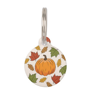 Placa Para Mascotas Calabaza y hojas de otoño coloridas & información