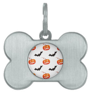 Placa Para Mascotas Calabazas y murciélagos de Halloween, truco o trat
