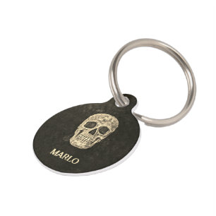 Placa Para Mascotas Calavera Humana Gótica Beige Textura Negra Grunge