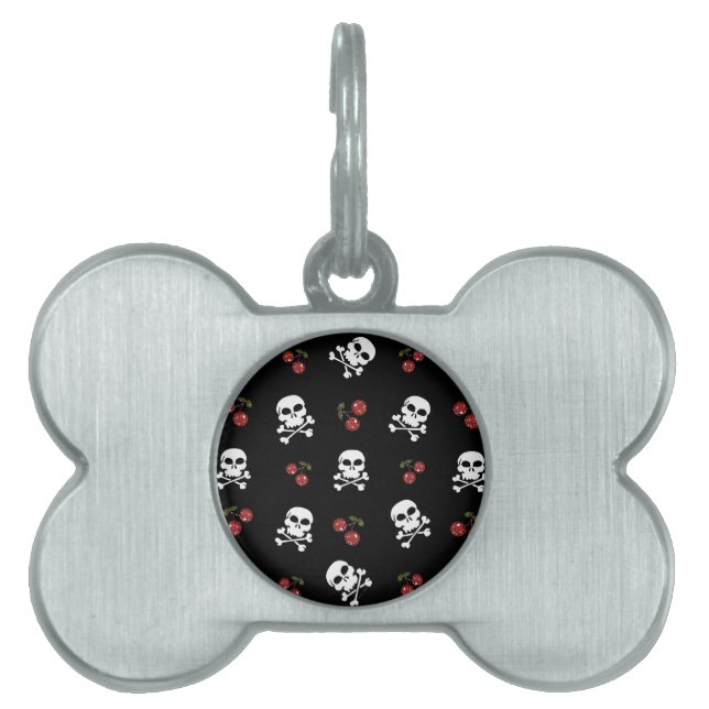 Placa Para Mascotas Calaveras y cerezas rocosas de RAB en negro (Frente)