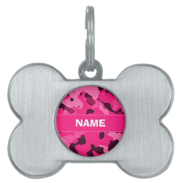 Placa Para Mascotas Camo rosa profundo; camuflaje (Frente)