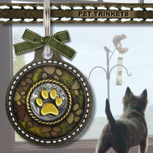 Placa Para Mascotas Camo y Concho de papel de cuero