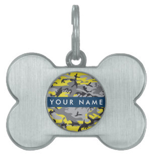 Placa Para Mascotas Camuflaje amarillo y gris Tu nombre personaliza