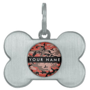 Placa Para Mascotas Camuflaje rojo y marrón Tu nombre Personaliza