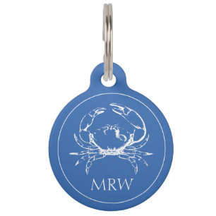 Placa Para Mascotas Cangrejo blanco costero en monograma azul clásico